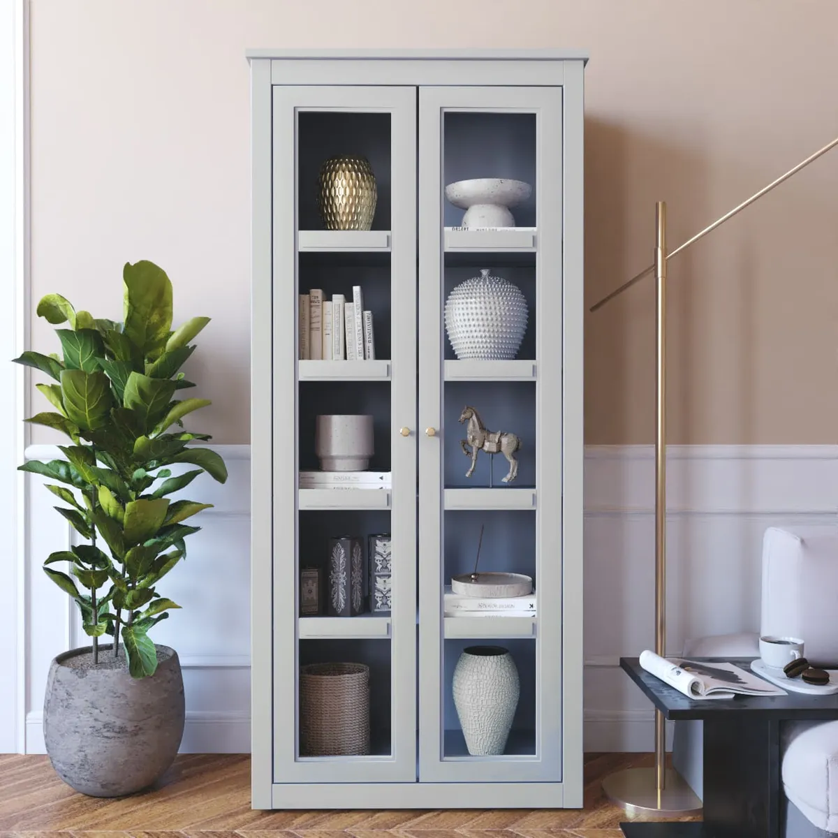 HOMIMAD - MUEBLE VITRINA ESTANTE COMEDOR LIVING ENTRADA GRIS VIDRIOS Y PUERTAS
