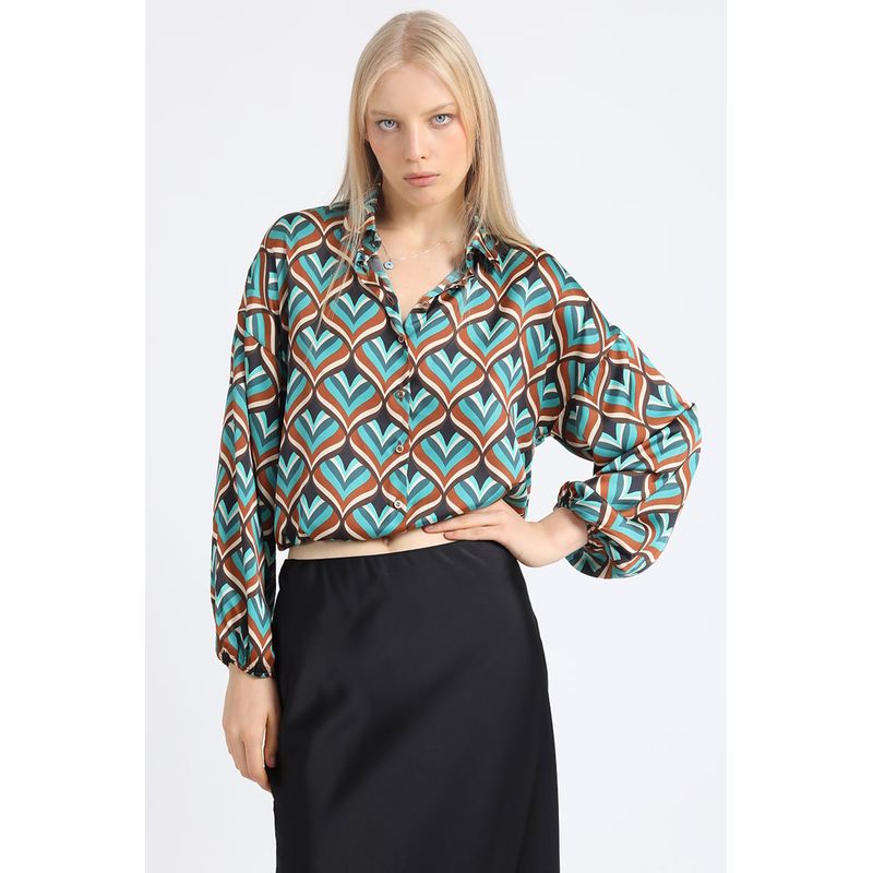 LIOLA - Blusa Crop Satin Estampado Retro, Café Liola