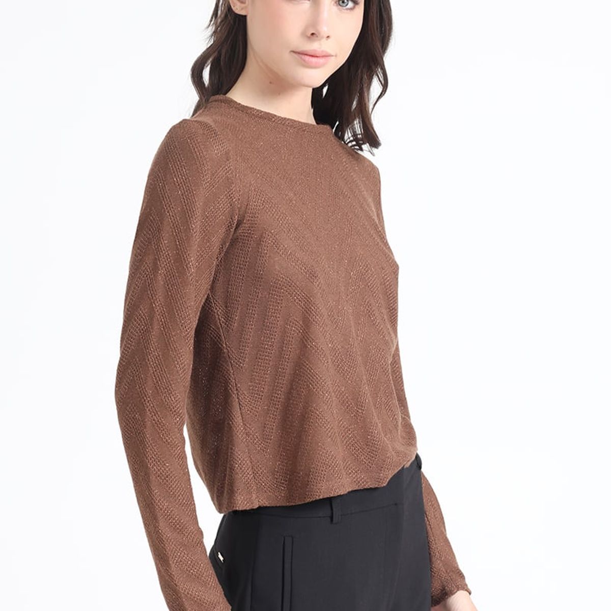 LIOLA - Polera Fantasia Con Hilo Metalizado, Cafe Liola