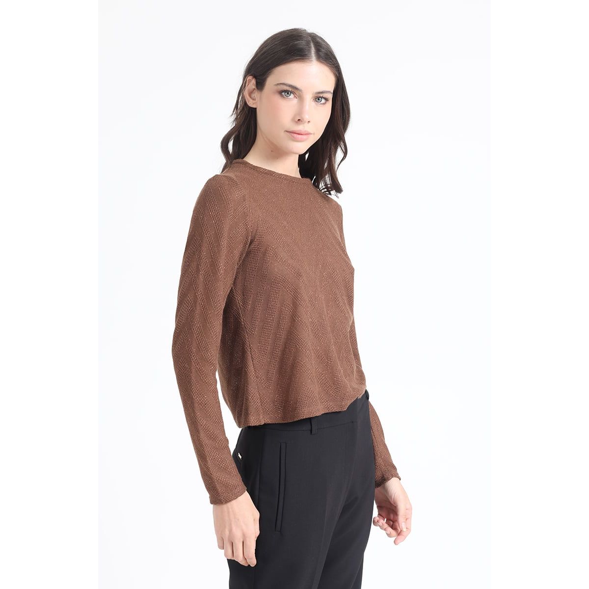 LIOLA - Polera Fantasia Con Hilo Metalizado, Cafe Liola