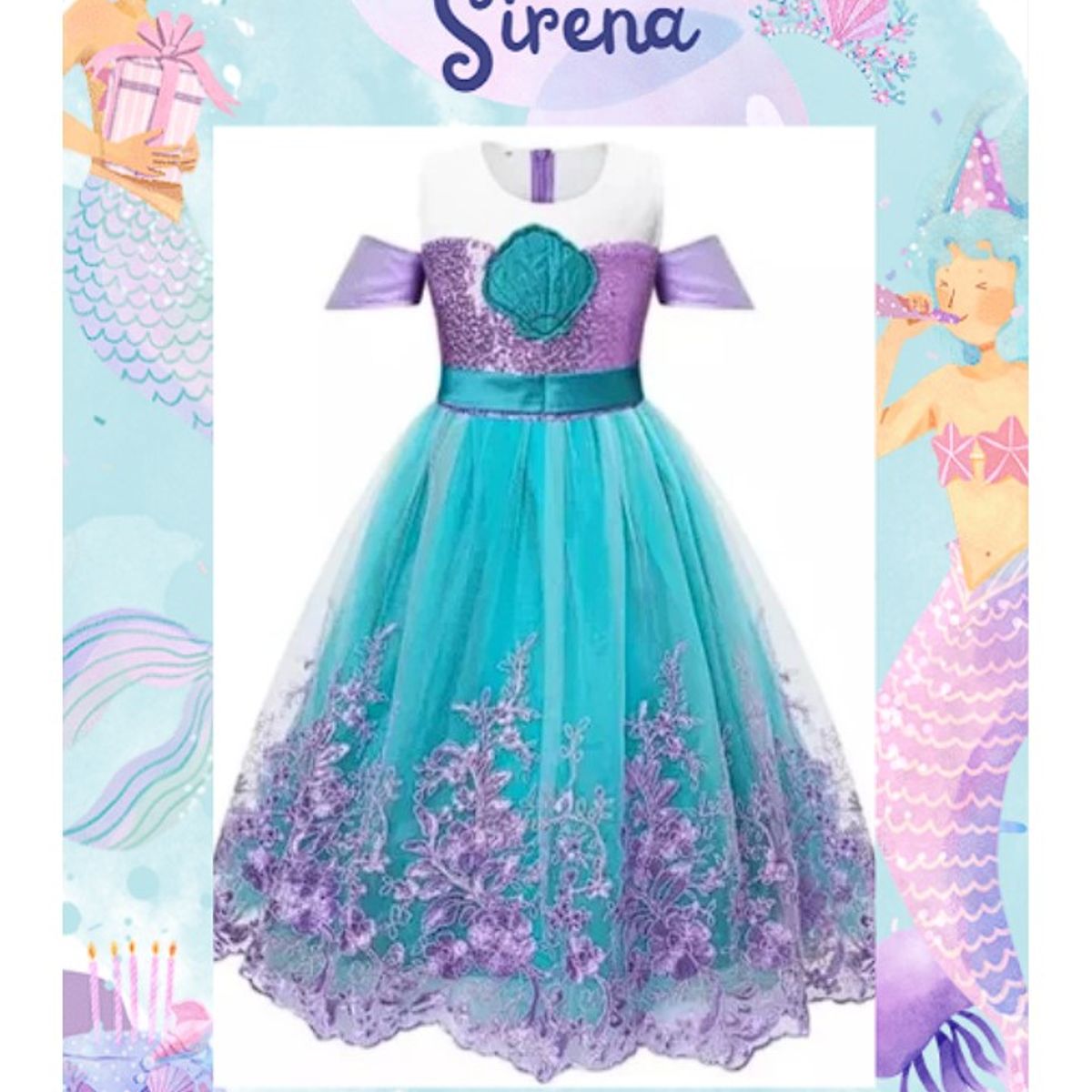 GENERICO - Disfraz Vestido Niña Sirena, Púrpura y Turquesa Talla 10