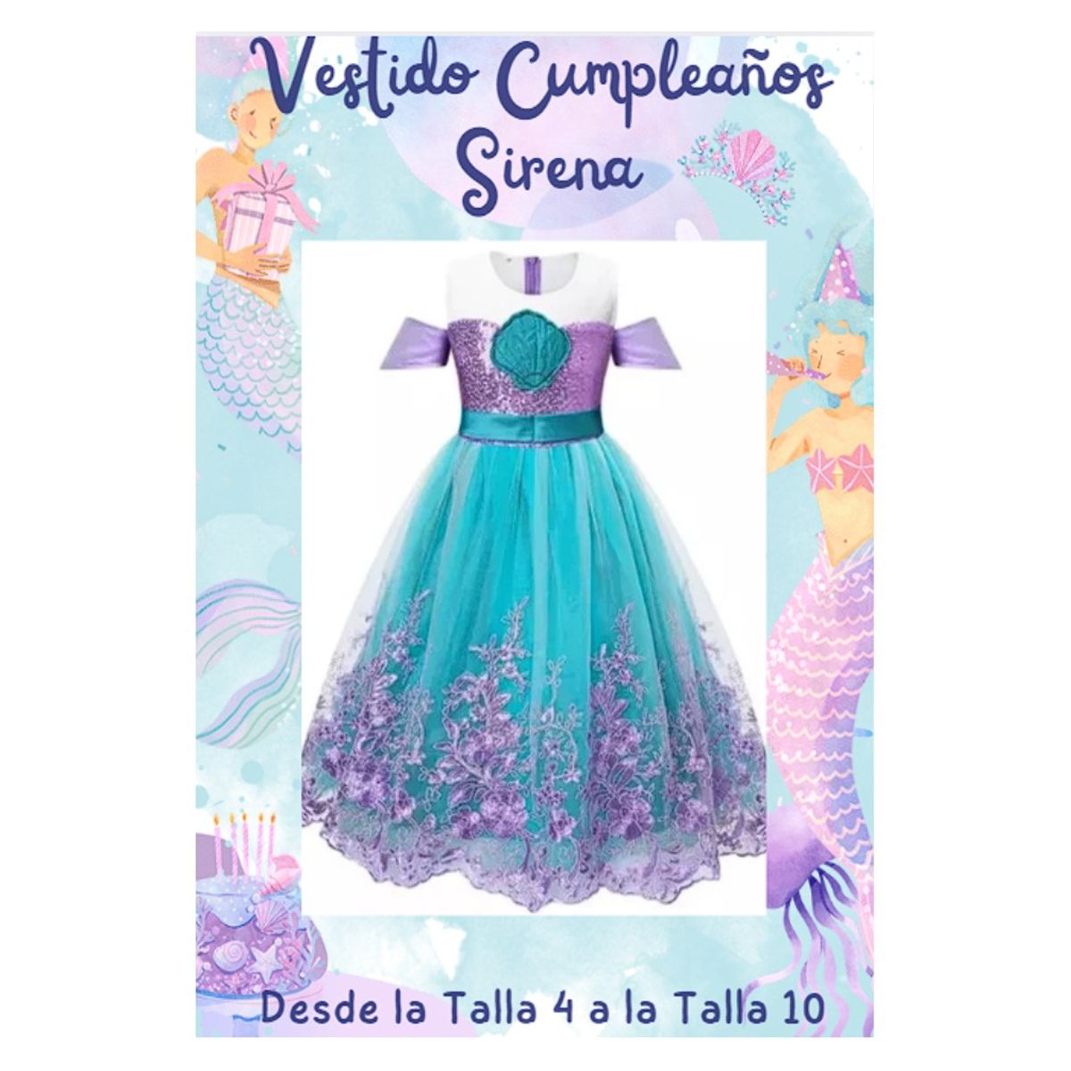 GENERICO - Disfraz Vestido Niña Sirena, Púrpura y Turquesa Talla 10