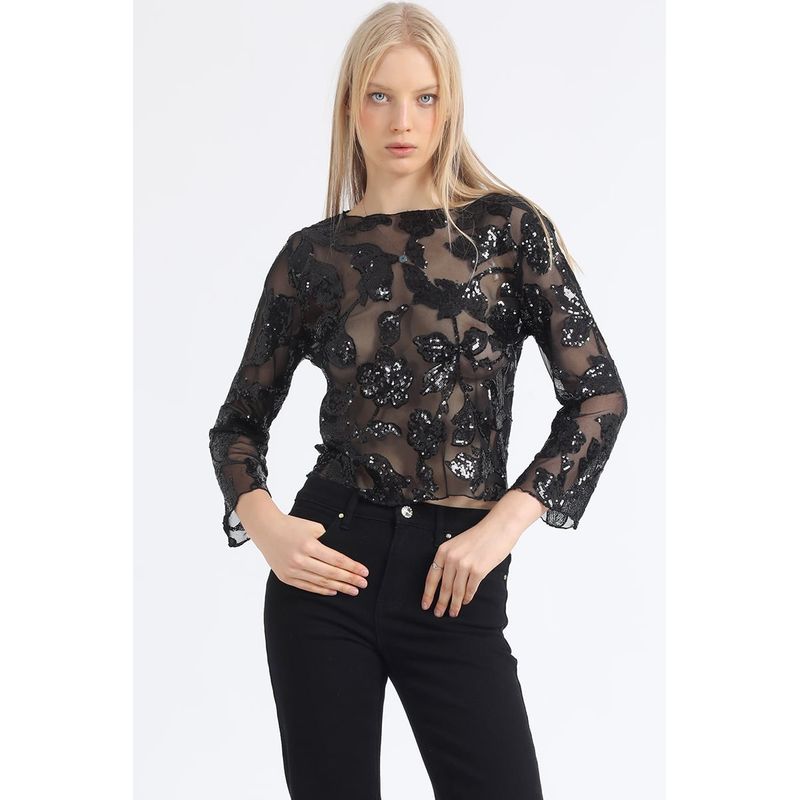 LIOLA - Polera Malla Bordado Lentejuelas, Negro Liola