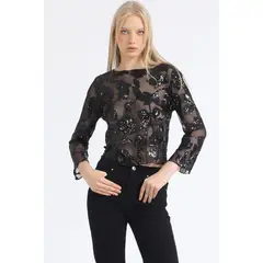 LIOLA - Polera Malla Bordado Lentejuelas, Negro