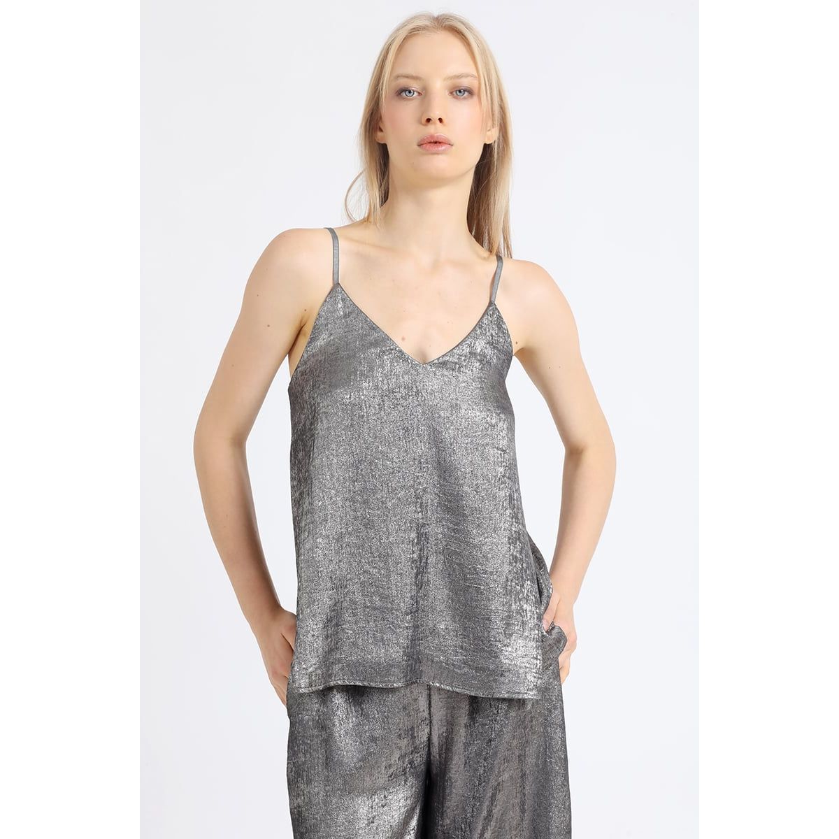 LIOLA - Top Folia Metalizada, Gris Liola
