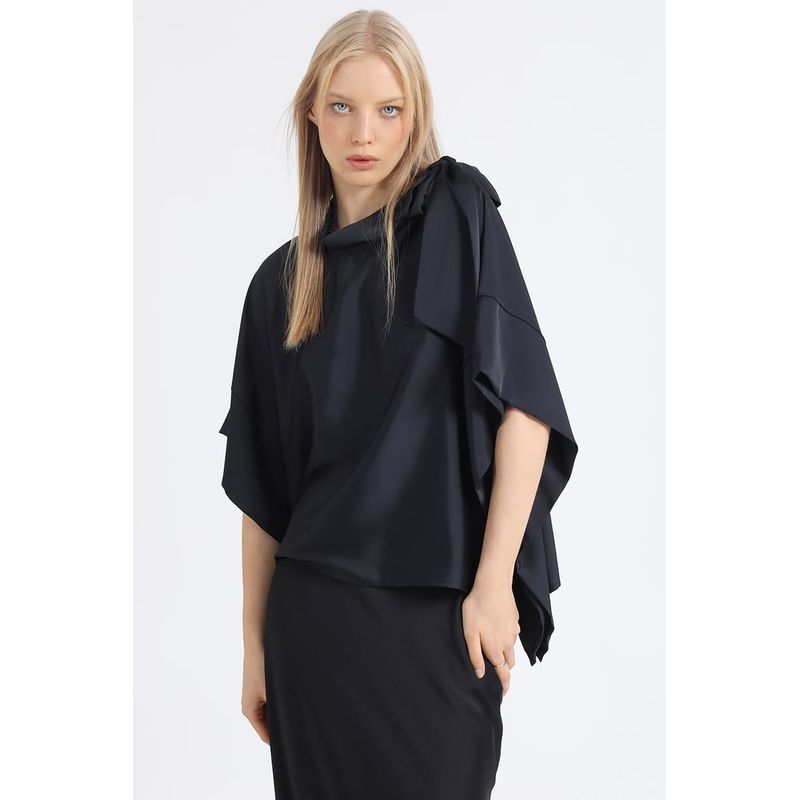 LIOLA - Bluson Amplio Tipo Poncho, Satin Negro Liola