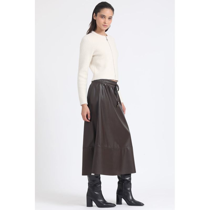 LIOLA - Falda Amplia Midi Efecto Cuero, Cafe Liola