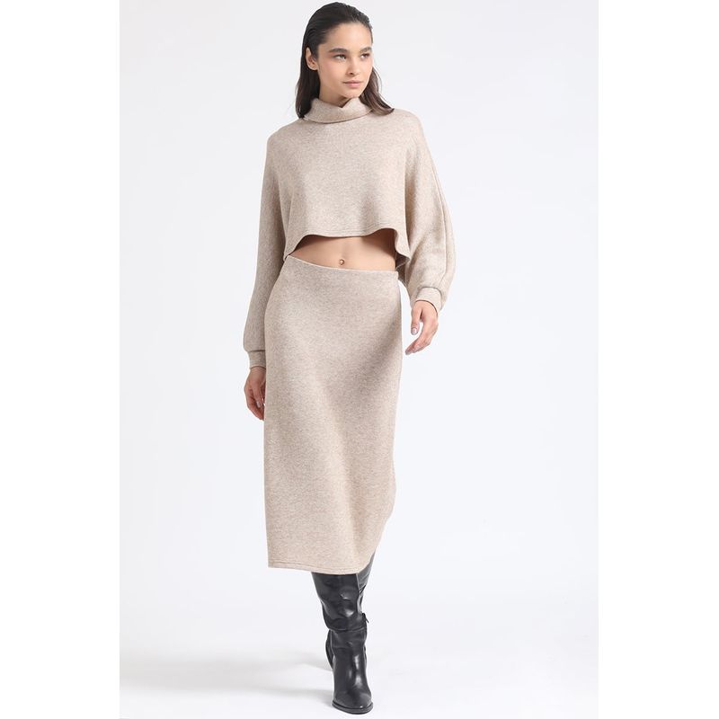 LIOLA - Falda Midi Tejido Punto Tubo Con Hilo Metalizado Beige Liola
