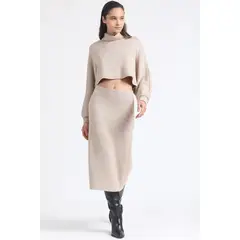 LIOLA - Falda Midi Tejido Punto Tubo Con Hilo Metalizado Beige