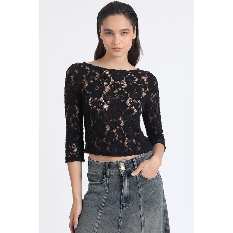 LIOLA - Polera Encaje Fantasia, Negro Liola