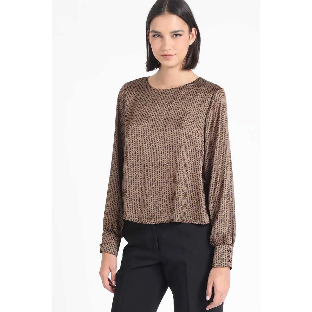 LIOLA - Blusa Satin Estampado Manchas, Cafe Liola