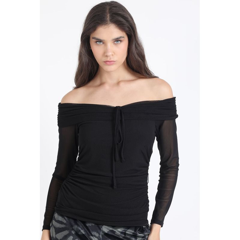 LIOLA - Polera De Malla, Off Shoulders, Recogido, Negro Liola