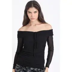 LIOLA - Polera De Malla, Off Shoulders, Recogido, Negro