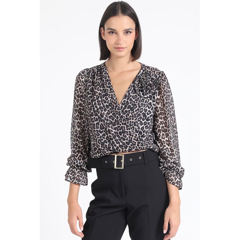 LIOLA - Blusa, Aplicación Flor, Gasa Estampada Leopardo, Negro Liola