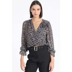 LIOLA - Blusa, Aplicación Flor, Gasa Estampada Leopardo, Negro