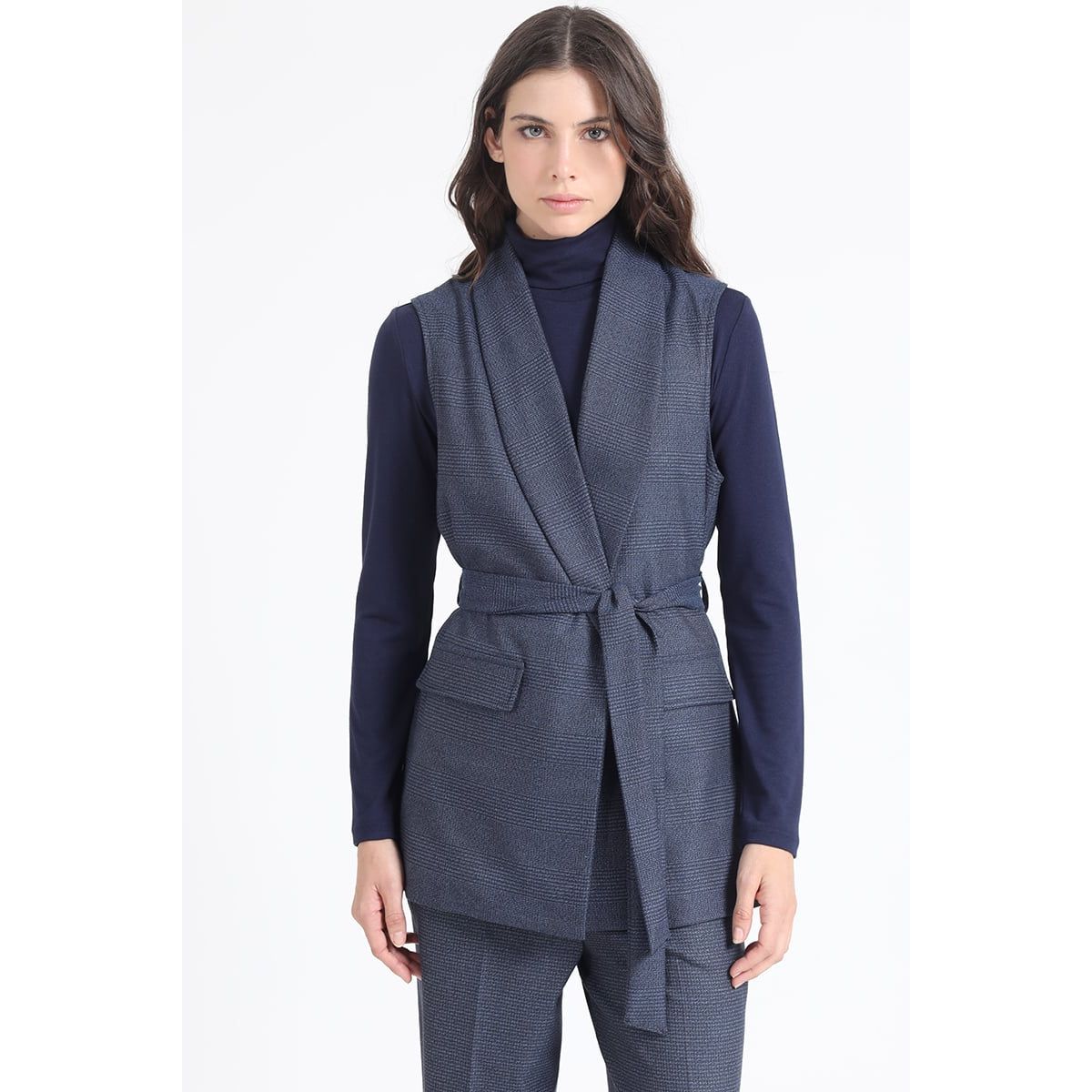 LIOLA - Chaqueta Larga Sin Mangas, Principe De Gales, Azul, Liola