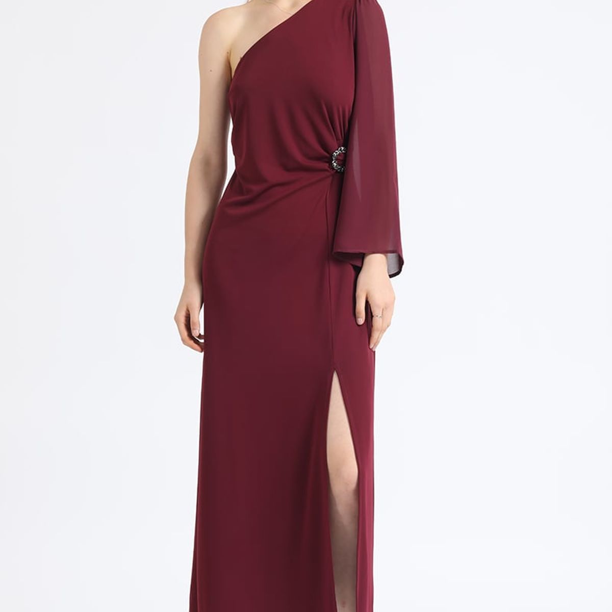 LIOLA - Vestido Maxi, Aplicación Strass, Un Hombro, Vino Liola