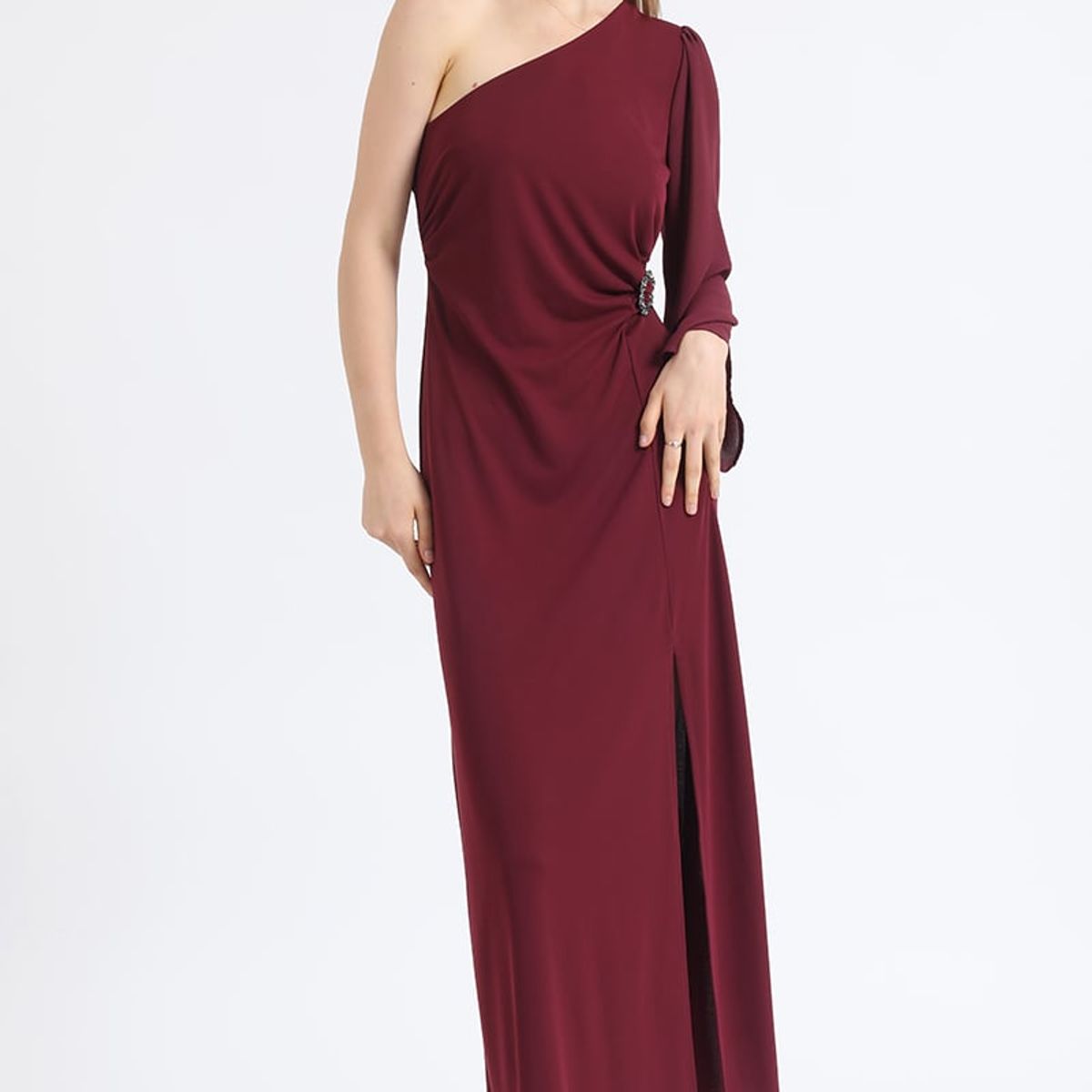 LIOLA - Vestido Maxi, Aplicación Strass, Un Hombro, Vino Liola