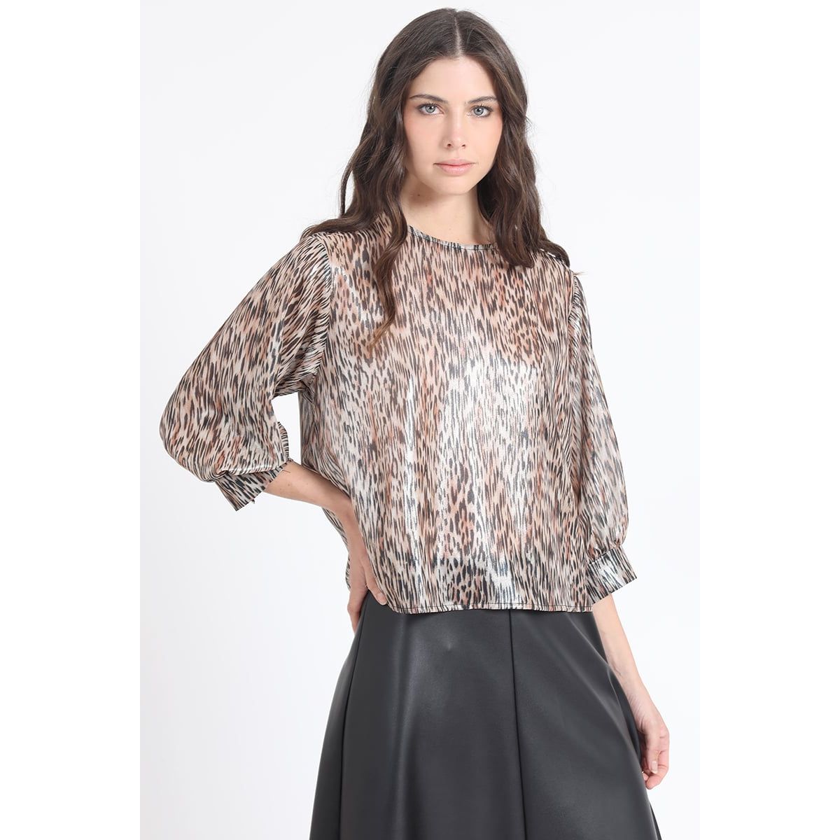 LIOLA - Blusa Gasa Folia Estampado Animal, Café Liola