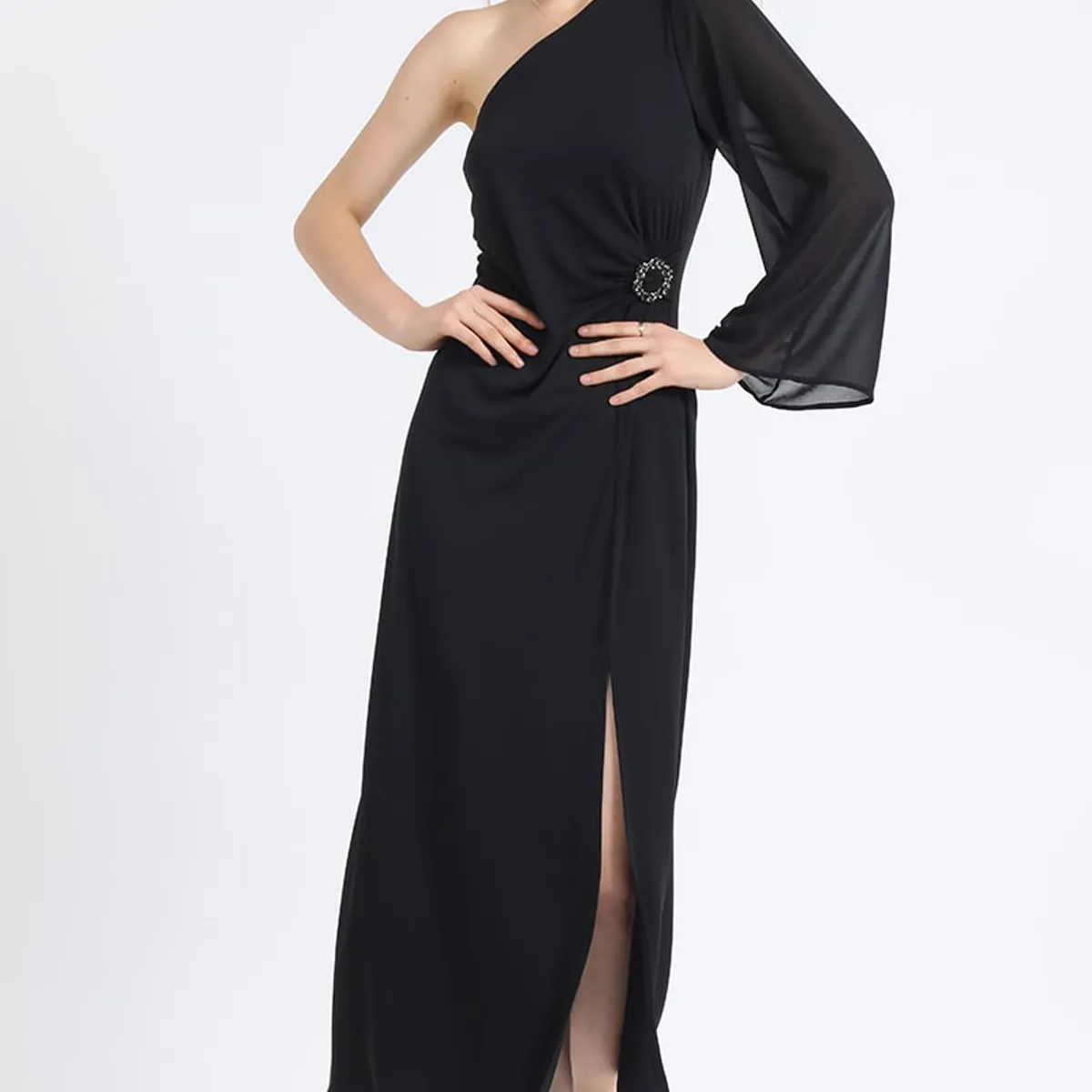 LIOLA - Vestido Maxi Jersey Aplicación Strass Un Hombro Negro Liola