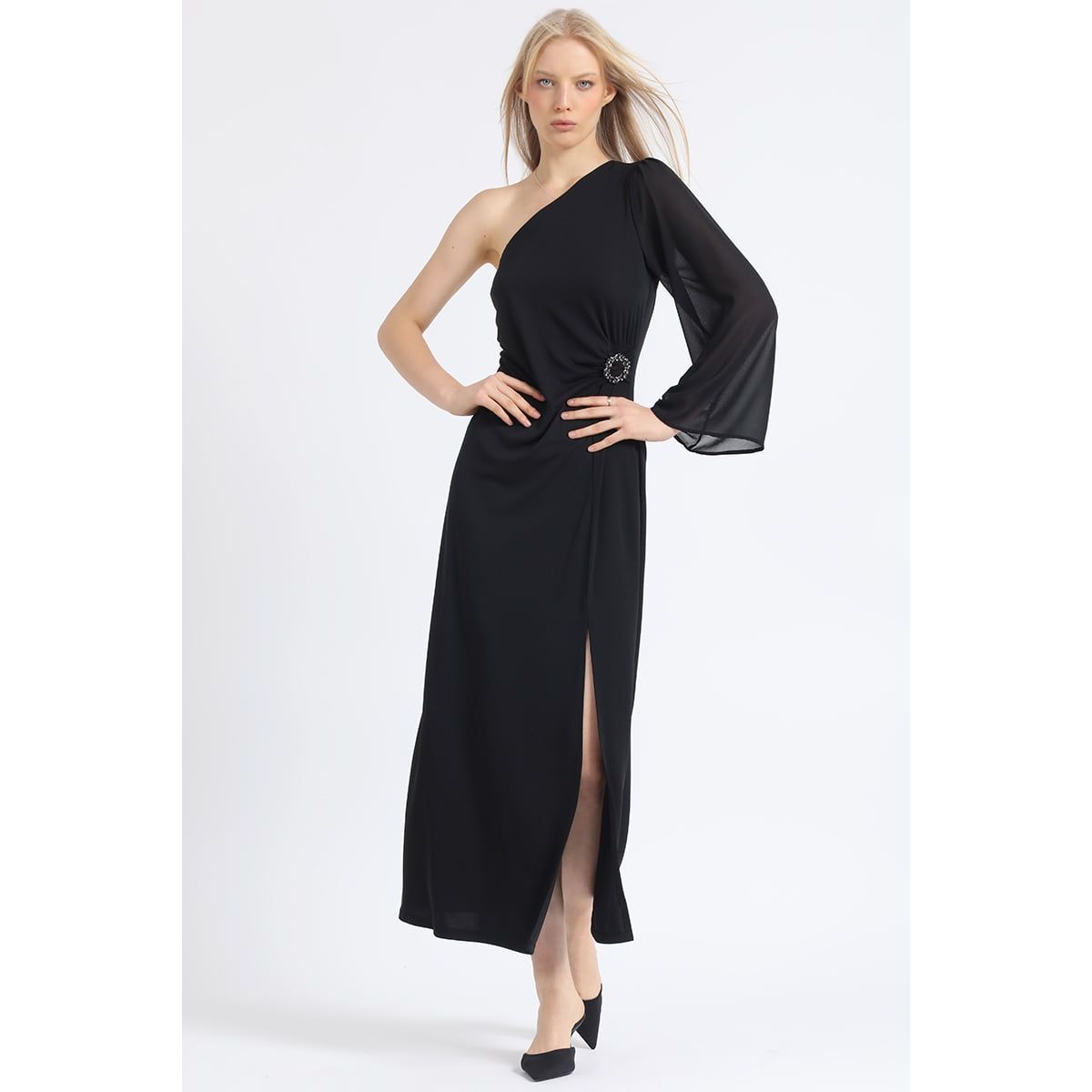 LIOLA - Vestido Maxi Jersey Aplicación Strass Un Hombro Negro Liola
