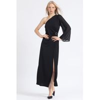 Vestido Maxi Jersey Aplicación Strass Un Hombro Negro