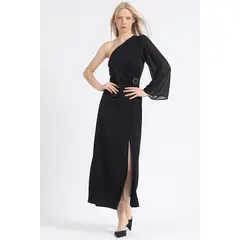 LIOLA - Vestido Maxi Jersey Aplicación Strass Un Hombro Negro