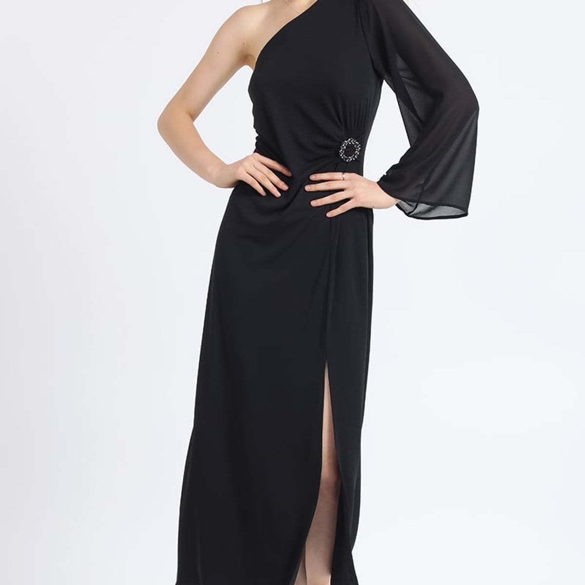 LIOLA - Vestido Maxi Jersey Aplicación Strass Un Hombro Negro Liola