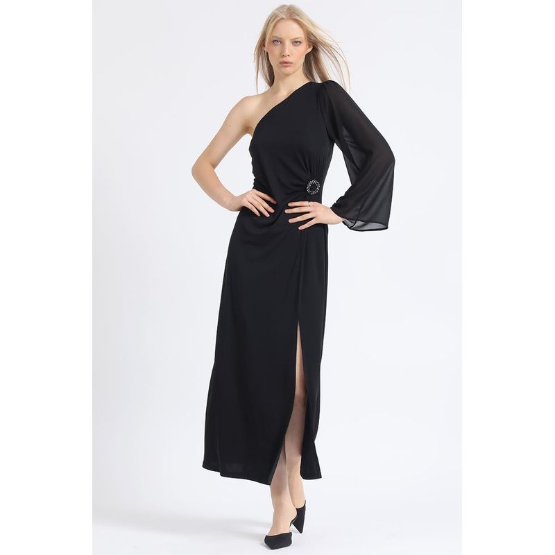 LIOLA - Vestido Maxi Jersey Aplicación Strass Un Hombro Negro Liola