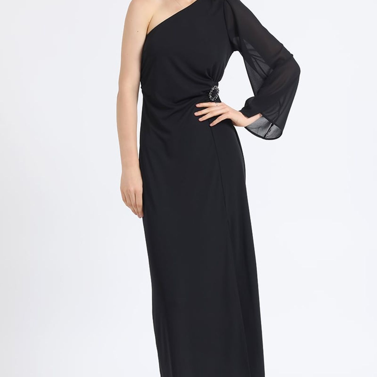 LIOLA - Vestido Maxi Jersey Aplicación Strass Un Hombro Negro Liola