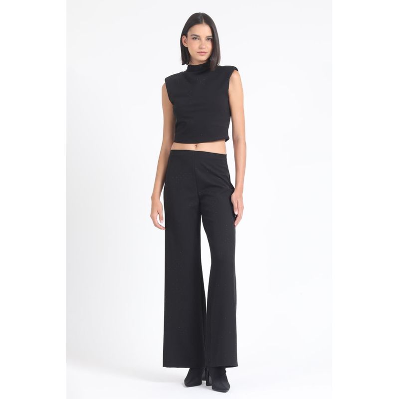 LIOLA - Pantalon Ancho,Tiro Alto, Strass, Negro Liola