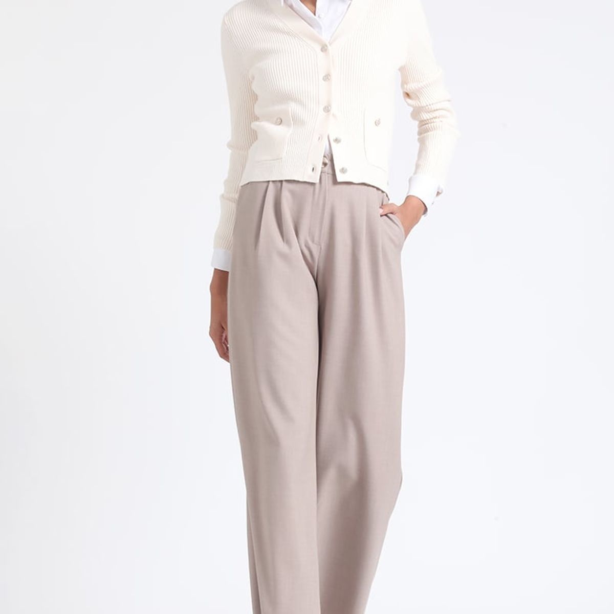 LIOLA - Pantalon Ancho Tiro Alto Con Pinzas, Beige Liola