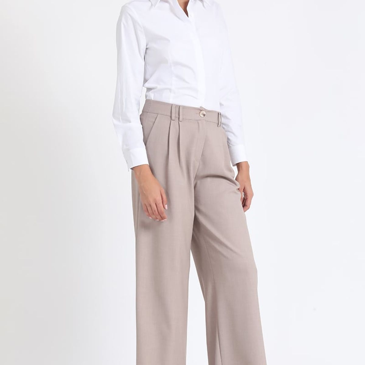 LIOLA - Pantalon Ancho Tiro Alto Con Pinzas, Beige Liola