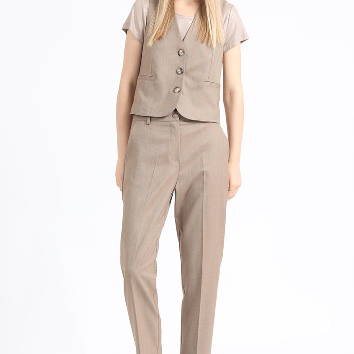 LIOLA - Pantalon Sastre, Tiro Alto, Espiga Listado, Cafe Liola