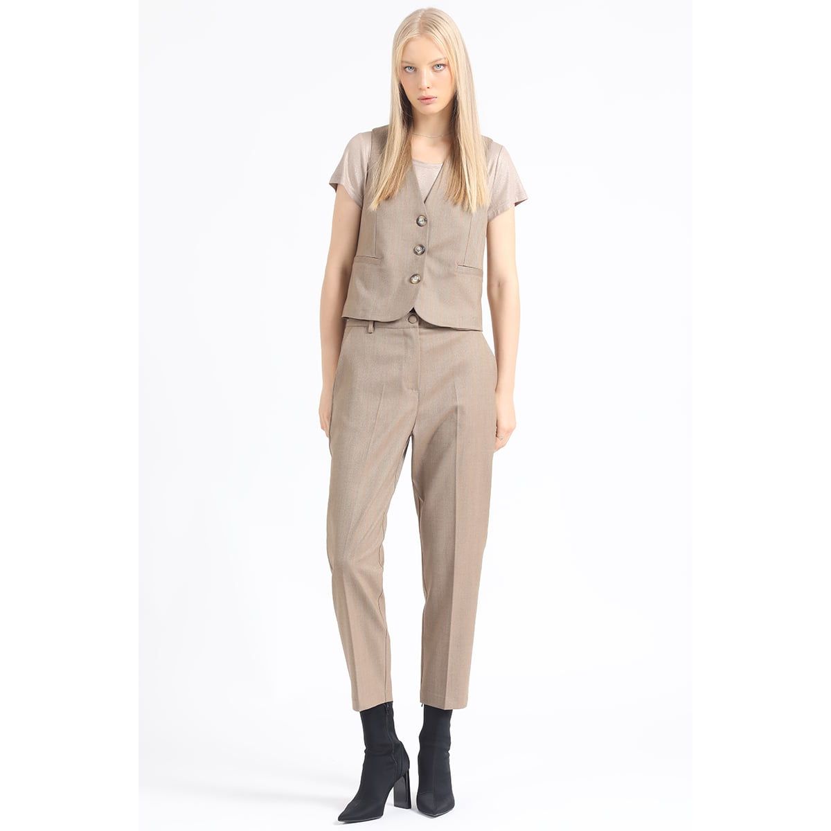 LIOLA - Pantalon Sastre, Tiro Alto, Espiga Listado, Cafe Liola