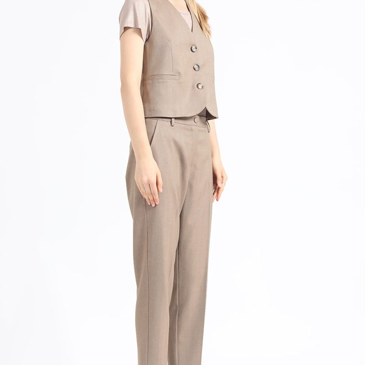 LIOLA - Pantalon Sastre, Tiro Alto, Espiga Listado, Cafe Liola