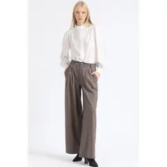 LIOLA - Pantalon Ancho Listado,Tiro Alto Con Pinzas, Beige