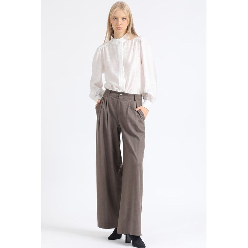 LIOLA - Pantalon Ancho Listado,Tiro Alto Con Pinzas, Beige Liola