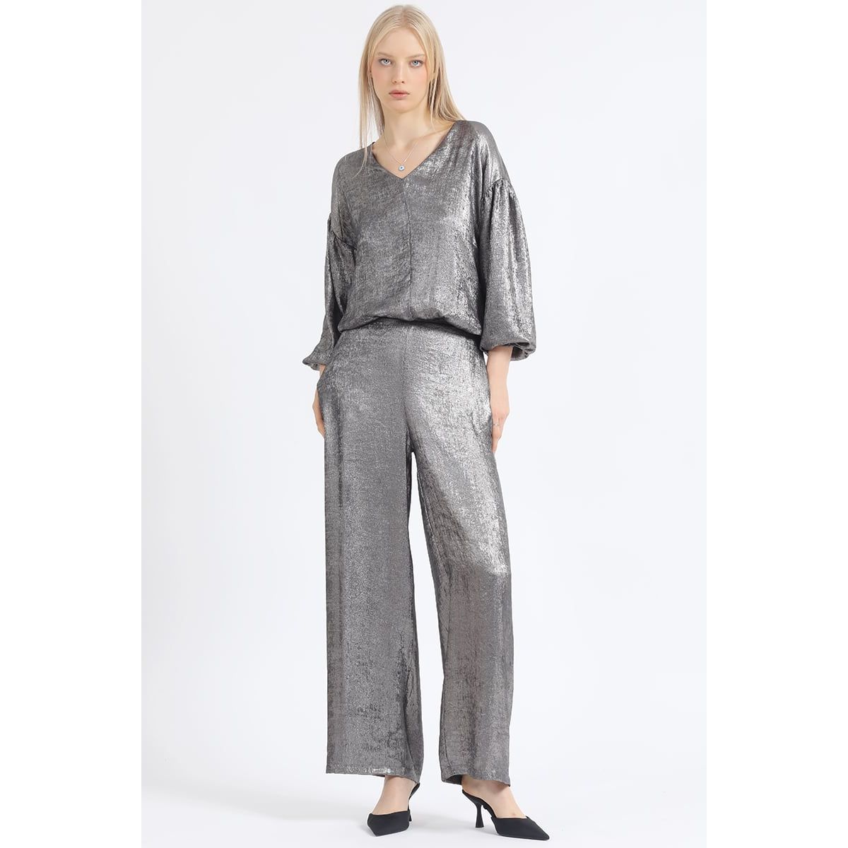 LIOLA - Pantalon Ancho, Folia Metalizada, Gris Liola