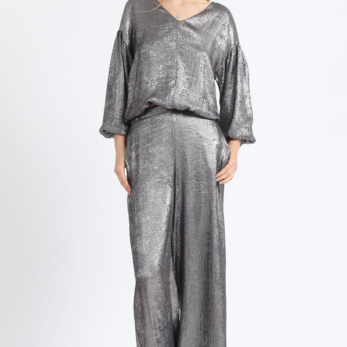 LIOLA - Pantalon Ancho, Folia Metalizada, Gris Liola