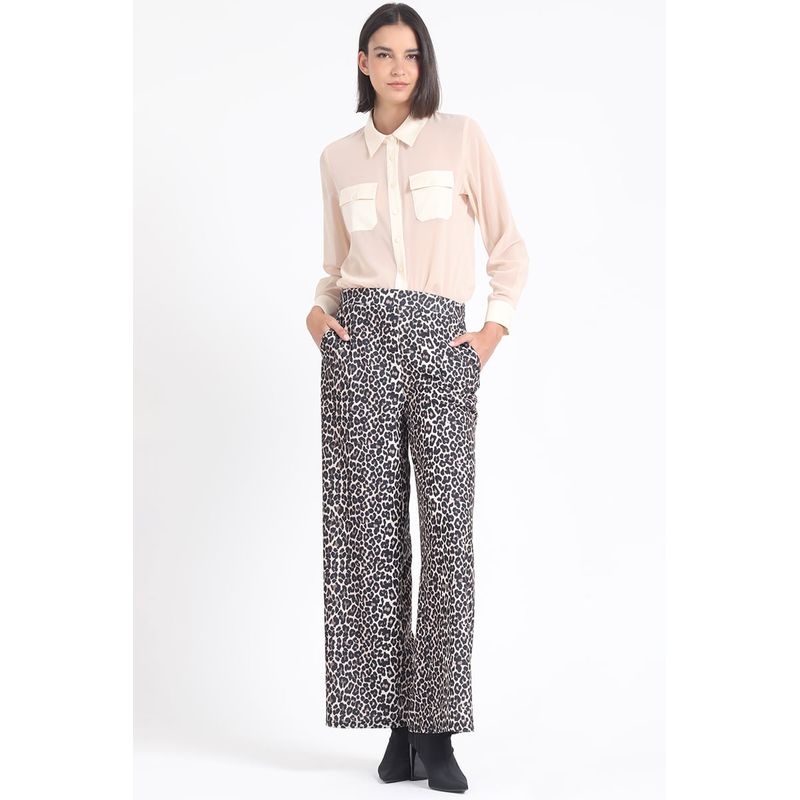 LIOLA - Pantalon Ancho, Tiro Alto, Estampado Leopardo, Cafe Liola
