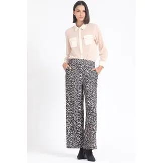 LIOLA - Pantalon Ancho, Tiro Alto, Estampado Leopardo, Cafe