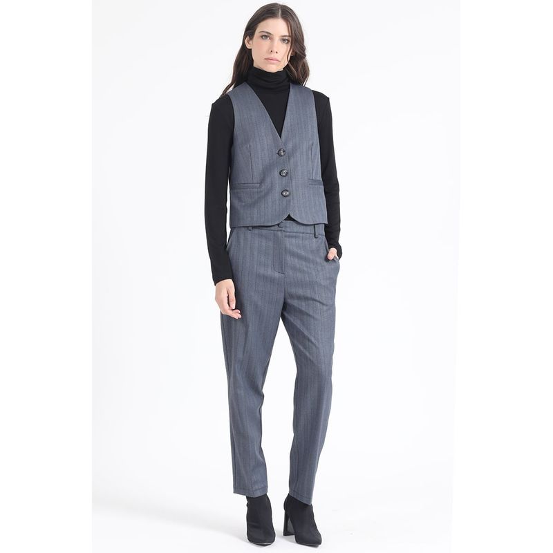 LIOLA - Pantalon Sastre, Tiro Alto, Espiga Listado, Azul Liola