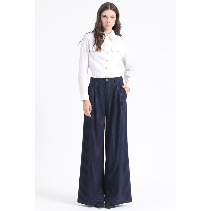 LIOLA - Pantalon Ancho Listado,Tiro Alto Con Pinzas, Azul Liola