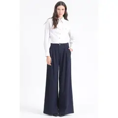 LIOLA - Pantalon Ancho Listado,Tiro Alto Con Pinzas, Azul