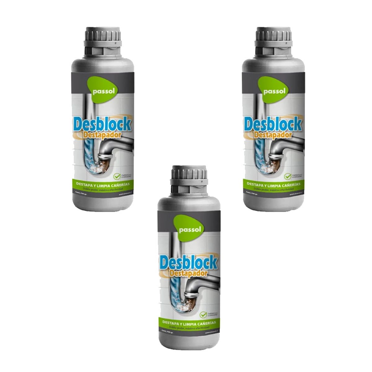 PASSOL - Destapador Cañerias 700gr Desblock Passol Pack 3 Unidades