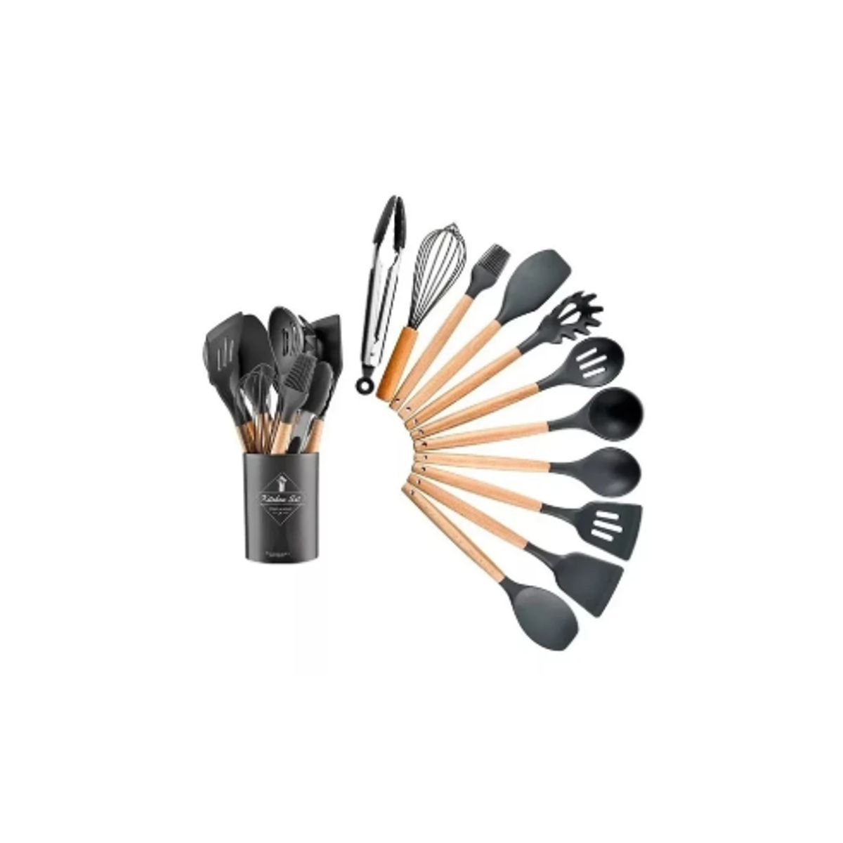 GENERICO - Utensilios cocina madera y silicona Negro