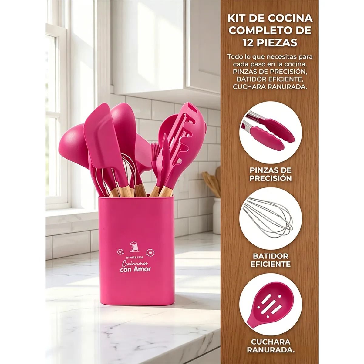 GENERICO - Utensilios cocina madera y silicona ROSADO
