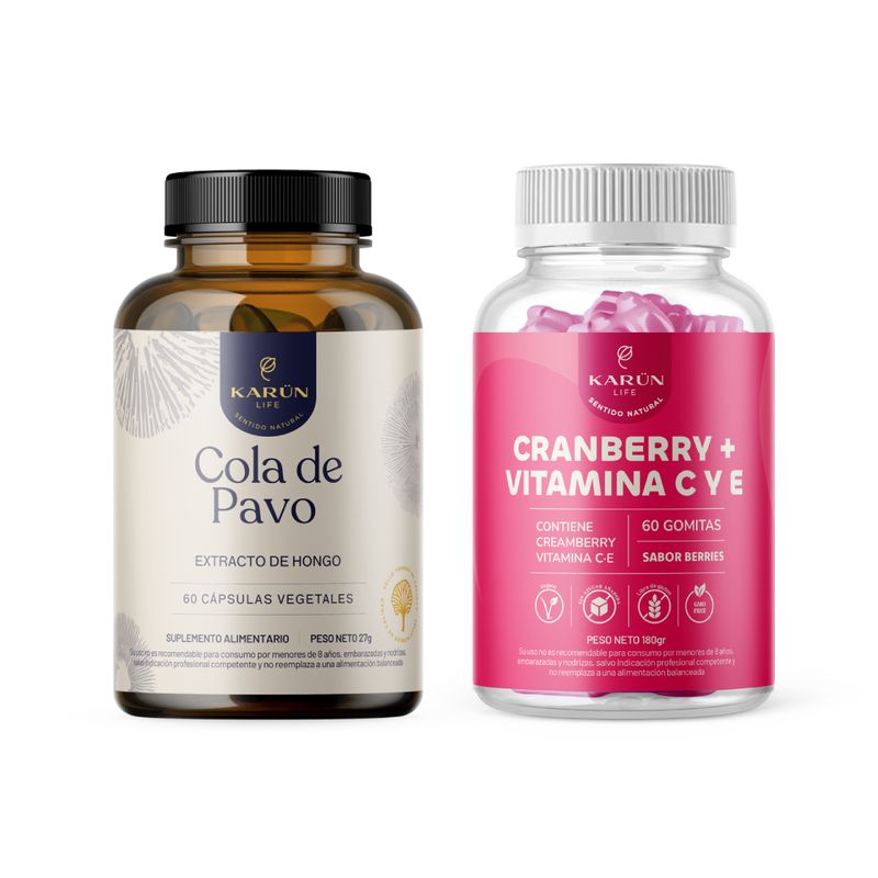 KARUNLIFE - Pack Sistema Inmune: 60 Cápsulas Cola de Pavo + 60 Gomitas Cranberry + Vitamina C Karun Life