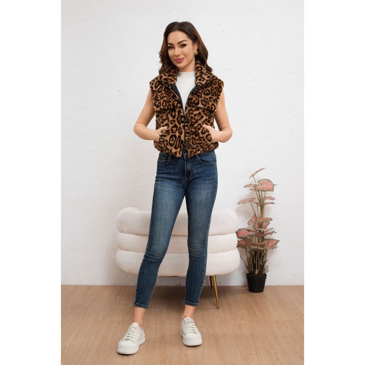 LIKE SHOP - Chaqueta Corta Mujer Sin Mangas Peluda Animal Print 6097